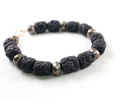 Mens Bracelet Black Lava Rock Jewelry For Men Rough Stones