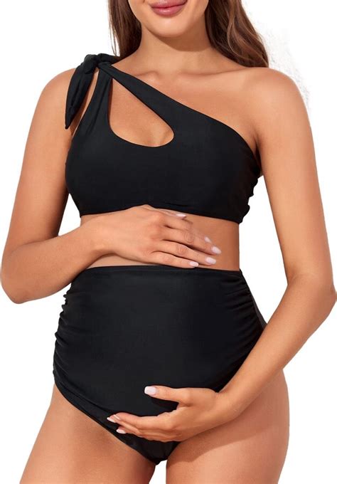 Summer Mae Maternity Two Piece Swimsuit Bikini Set Cutout One Shoulder Bathing Suit Tie Side