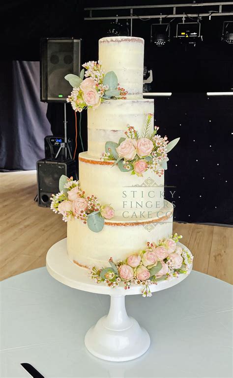 4 Tier Semi Naked Wedding Cake Downham Hall Billericay July 2022 Sticky Fingers Cake Co