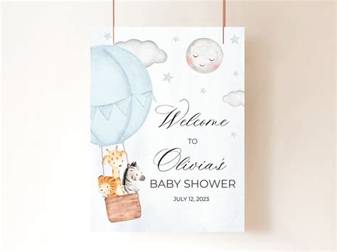 Editable Up Up And Away Hot Air Balloon Boy Blue Baby Shower Etsy