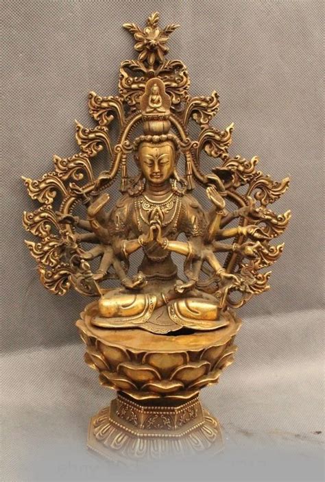 China Tibet Buddhism Folk Brass Seat Hands Kwan Yin Buddha