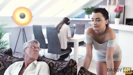 Skillful Old Man Manages To Fuck Comely Brunette On Sofa