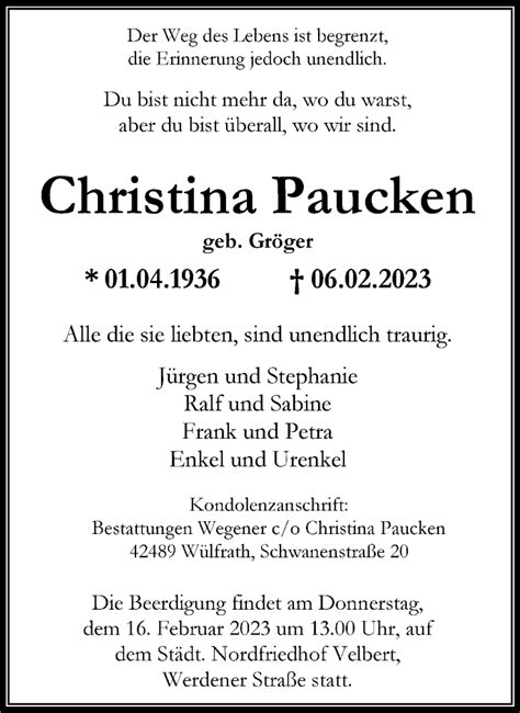 Traueranzeigen Von Christina Paucken Trauer In Nrw De