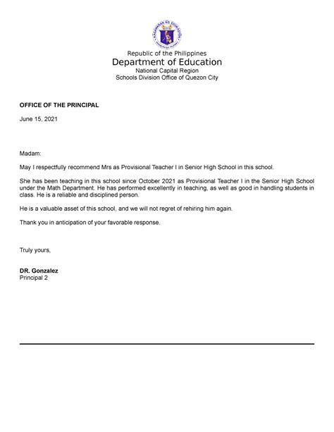 Recommendation Letter Republic Of The Philippines Department Of