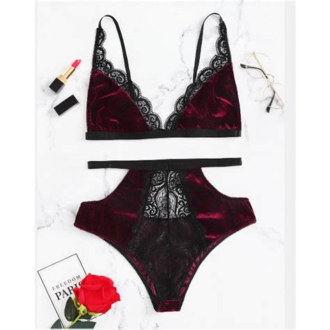 Sexy Wine Red Velvet Sheer Floral Lace Spaghetti Strap Triangle Bra And Panties Lingerie Set N20690