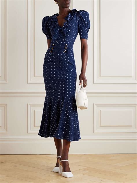 Alessandra Rich Ruched Button And Bow Embellished Polka Dot Silk Midi