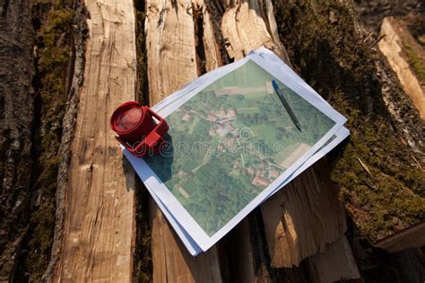 Red Prism On A Topographic Map In Woods Stock Photo Image Of Engineer