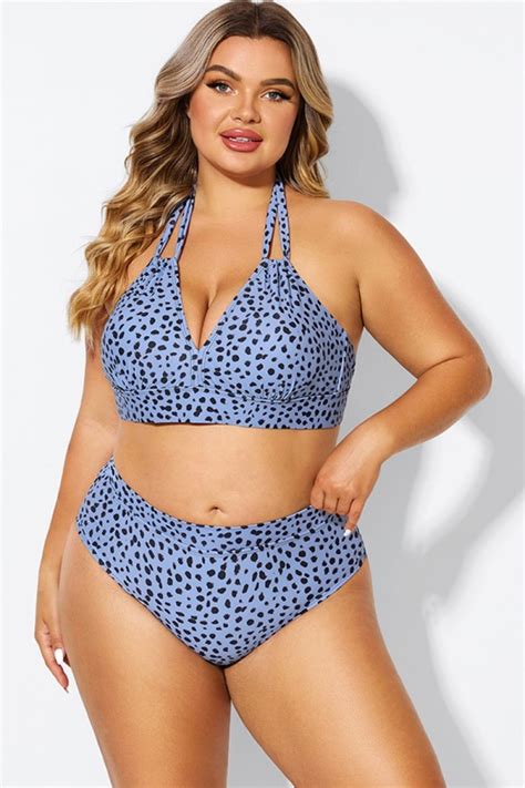 V Neck Black Dots Printed Halter Sexy Bikini Top Meet Curve Meet Curve