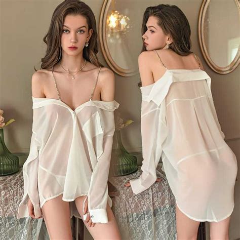 Jual Sexy Lingerie Kemeja Rantai Sabrina Wanita Transparan Baju Tidur Oversize Dinas Malam Istri