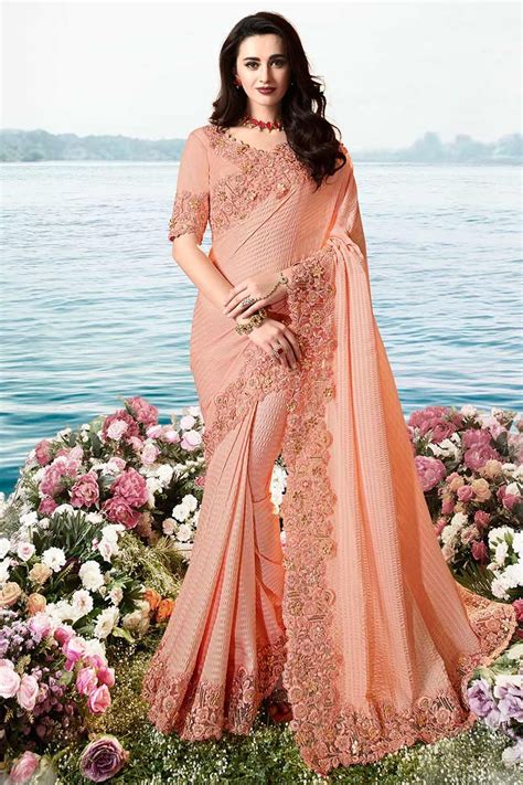 Peach Colour Silk Saree With Resham Work In Fancy Sarees Party