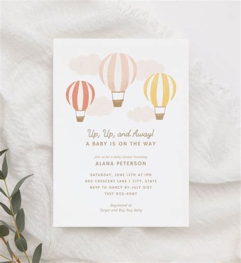 Editable Beige Hot Air Balloon Baby Shower Invitation Template In 2024 Hot Air Balloon Baby
