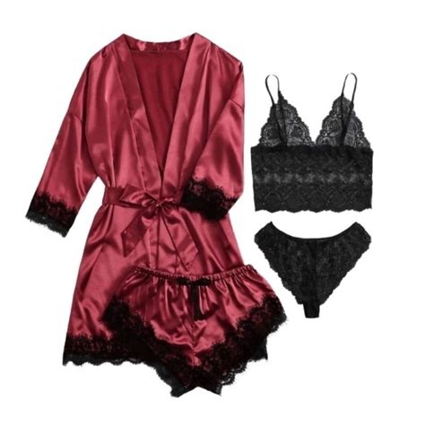 Lingerie Robe Set Pcs Satin Camisole Set Sexy Lingerie Sexy Sleepwear Sleep Dress Baju Tidur