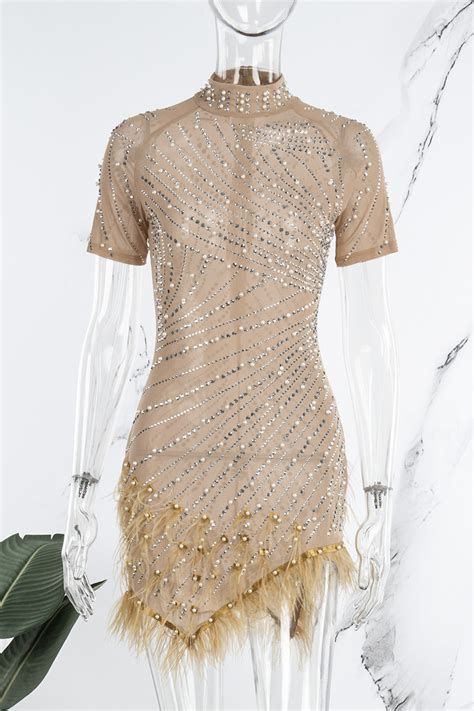 Wholesale Pink Sexy Patchwork Hot Drilling Tassel Beading Turtleneck Short Sleeve Dress Dresses