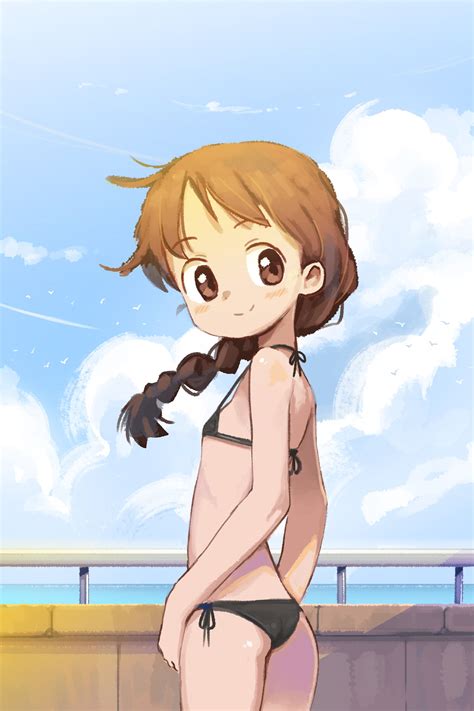 Orenjipiiru Original Absurdres Highres Girl Bikini Blue Sky Blush Braid Brown Eyes