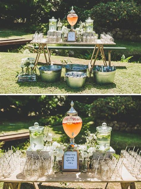 Bar Set Up With Minimal Centerpieces Backyard Engagement Parties