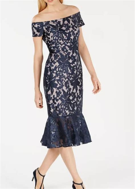 Calvin Klein Off The Shoulder Lace Midi Dress Indigo Nude Chanelles Llc