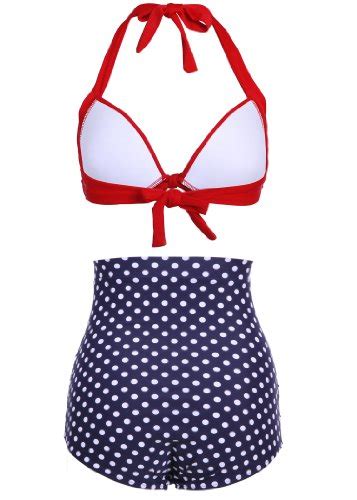 ᐅ Dunkelblauer Polka Dot Pünktchen Retro PinUp Vintage Bikini mit hoher Taille und rotem