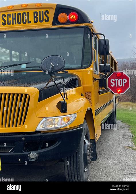 A vertical shot of the school bus exterior with warning lights and stop ...