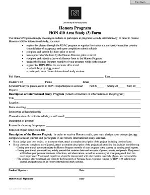 Fillable Online Unr Honors Program Hon Area Study Form