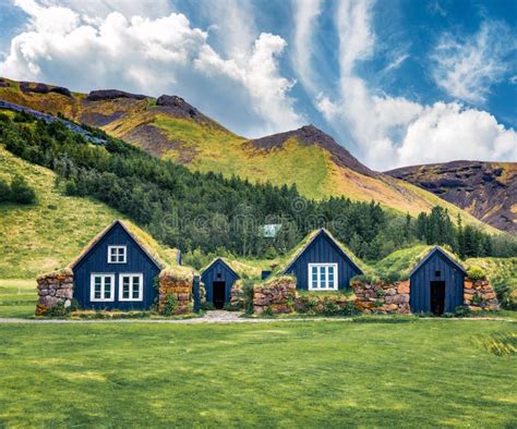 Great Summer View Of Typical Icelandic Turf Top Houses Colorful Summer