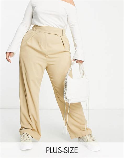 River Island Plus Wide Leg Tailored Dad Trouser In Beige Asos