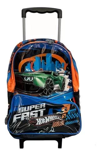 Mochila Con Carro Hot Wheels Super Fast Wabro Color Azul Dise O De La Tela Poli Ster