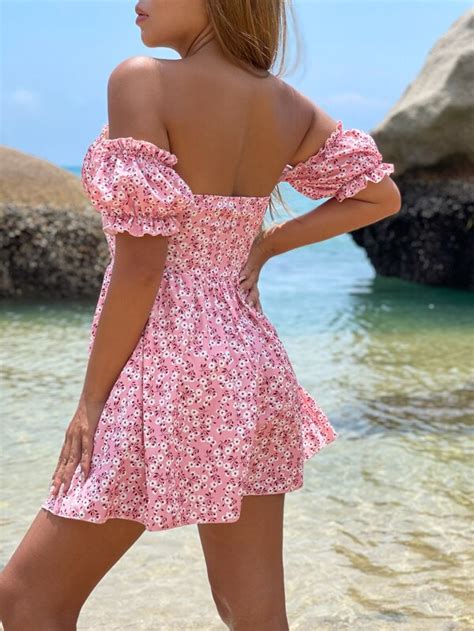 Random Ditsy Floral Off Shoulder Frilled Ruched Bust Puff Sleeve Dress