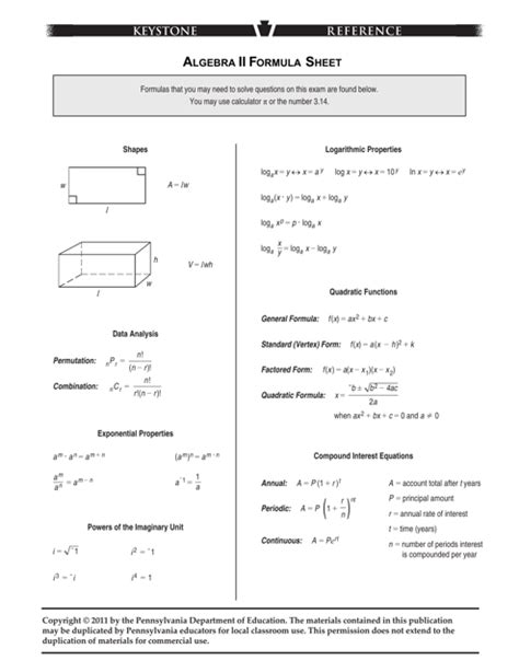 Algebra Ii Formula Sheet Download Printable Pdf Templateroller