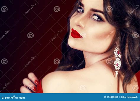 Beautiful Luxury Woman With Jewelry Earrings Beauty And Accessories Brunette Girl With Big