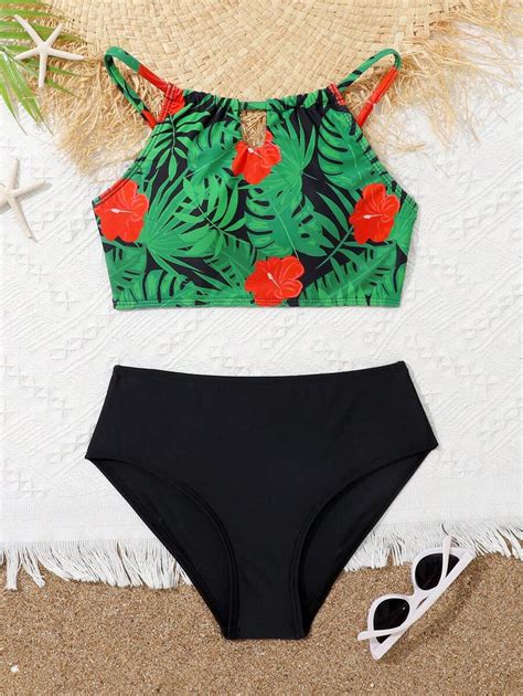 Tween Girls Random Tropical Print Bikini Swimsuit Set Shein Usa