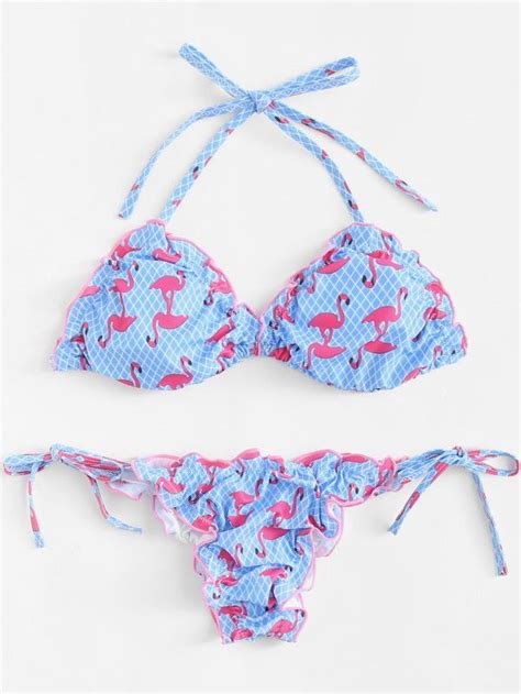 Flamingo Print Lettuce Trim Bikini Set SheIn Sheinside Flamingo Bikini Beach Wear Outfits