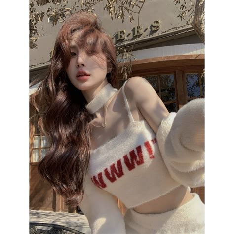 Plush Girly Top Autumn Outer Wear Sling Inner Vest Female Letter Knitting Hot Girl