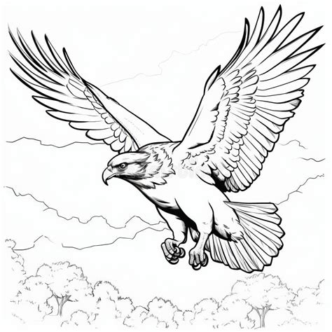 Realistic Eagle Flying Coloring Page with Tree Background Stock