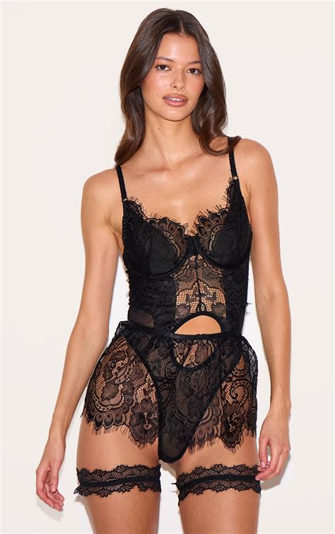 Black Lace Skirt Bodysuit And Garter Lingerie Set Lingerie Nightwear Plt