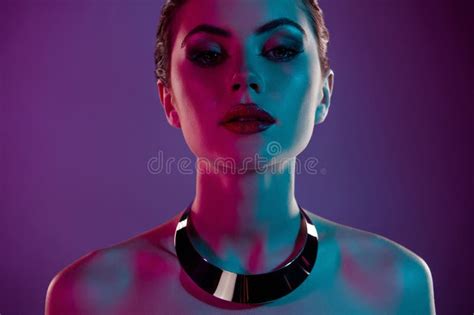 Photo Of Adorable Confident Lady Naked Shoulders Silver Necklace Isolated Neon Purple Color