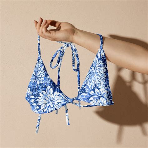 Tropical Floral Print String Bikini Top Blue White Womens Minimal Swimwear UPF 50 UV Sun