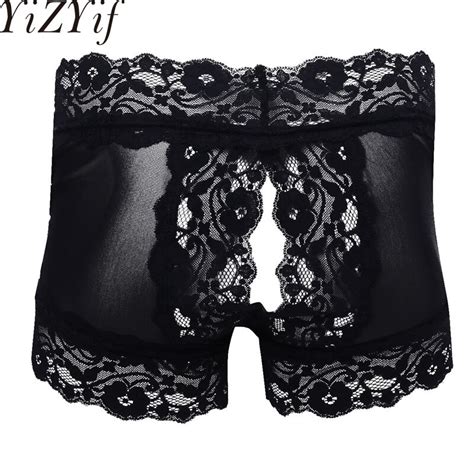 Black Sexy Gay Mens Lingerie Mesh Lace Open Butt Boxer Shorts Sissy See Through Panties