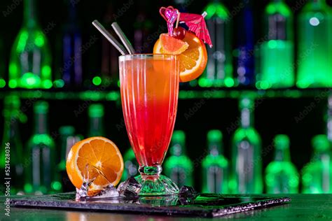 Sex On The Beach Cocktail Ice On Bar Counter In A Restaurant Pub Fresh Drink With Orange