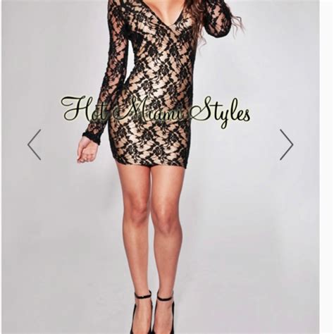 Hot Miami Styles Black Lace Nude Illusion Dress Gem