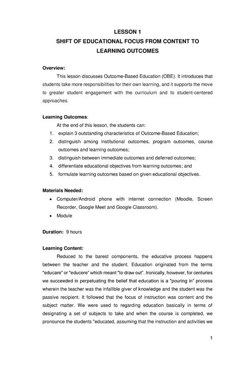 Lesson 1 Shift of Educational Focus From Content to Learning Outcomes