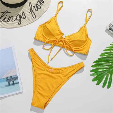Aayomet Stock Drop Bandage Push Up Bra Women S Bikini Set Solid Swimsuit Set Beachwear Triangle