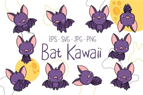 Set Of Cute Kawaii Bat Illustrations