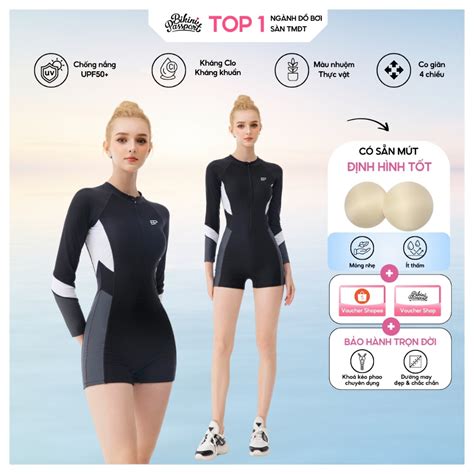 Đồ bơi Nữ BIKINI PASSPORT kiểu Một mảnh quần short áo tay dài có khoá kiểu sport màu Đen
