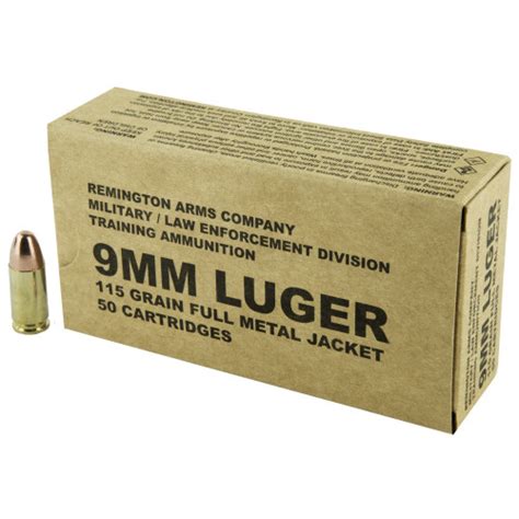 Remington Military Law Enforcement Training 9mm Luger 115gr Full Metal Jacket 50 Box Munitions