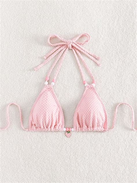 Shein Swim Mod Beaded Detail Strawberry Decor Halter Triangle Bikini Top Shein Usa