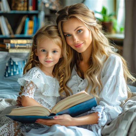 Premium Photo A Beautiful Blonde Mother And Her Daughter Sit Together