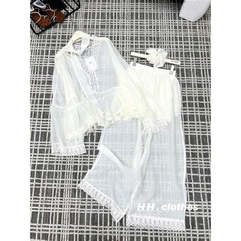 đồ bộ nữ đồ mặc nhà set đồ nữ quần dài bộ tơ quần suông kèm khăn phối ren hot trend gơn phố DE68