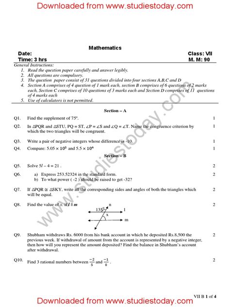 CBSE Class 7 Mathematics Question Paper Set E - 0 | PDF | Triangle | Space