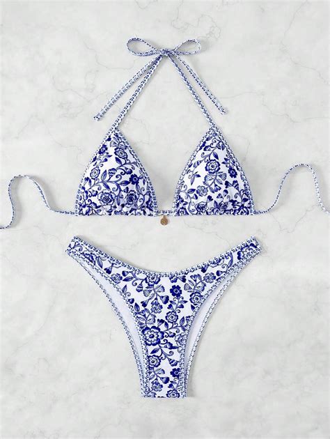 SHEIN Swim Women S Floral Print Halter Tie Up Sexy Bikini 2 Piece Swimsuit Set Summer Beach