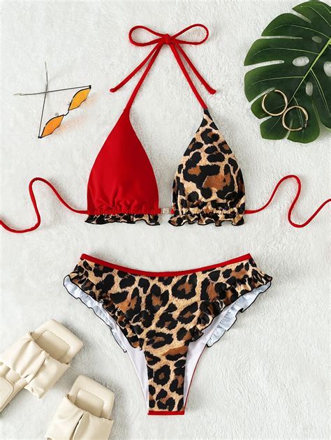 Shein Swim Ba Ador Bikini De Leopardo Ribete Fruncido Moda De Mujer